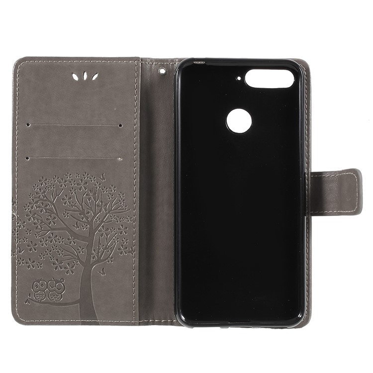 Imprint Tree Owl Leather Wallet Folio Cover for Huawei Honor 7A (with Fingerprint Sensor)/Honor 7A Pro/Enjoy 8e - Grey-6