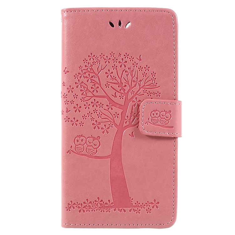 For Huawei Honor 7A (with Fingerprint Sensor)/Honor 7A Pro/Enjoy 8e Imprint Tree Owl Leather Wallet Folio Protection Cover - Pink-1