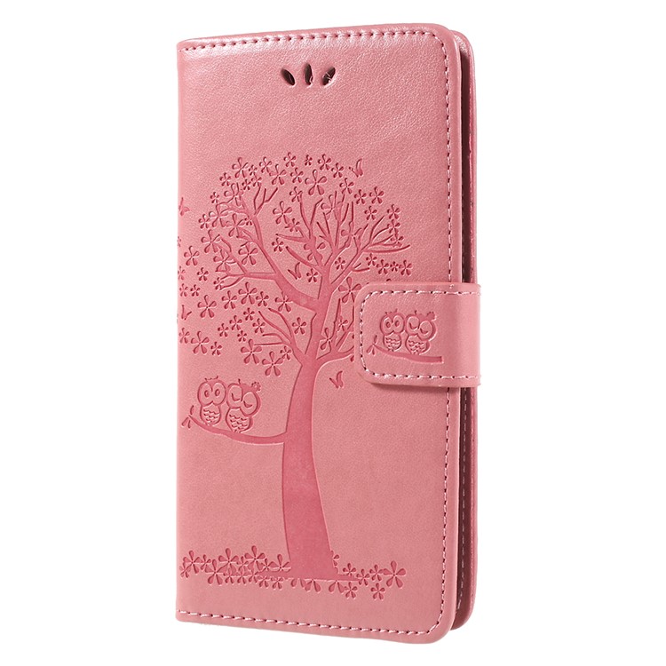 For Huawei Honor 7A (with Fingerprint Sensor)/Honor 7A Pro/Enjoy 8e Imprint Tree Owl Leather Wallet Folio Protection Cover - Pink-2