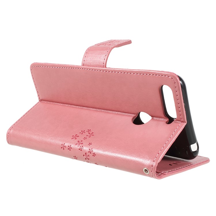 For Huawei Honor 7A (with Fingerprint Sensor)/Honor 7A Pro/Enjoy 8e Imprint Tree Owl Leather Wallet Folio Protection Cover - Pink-5