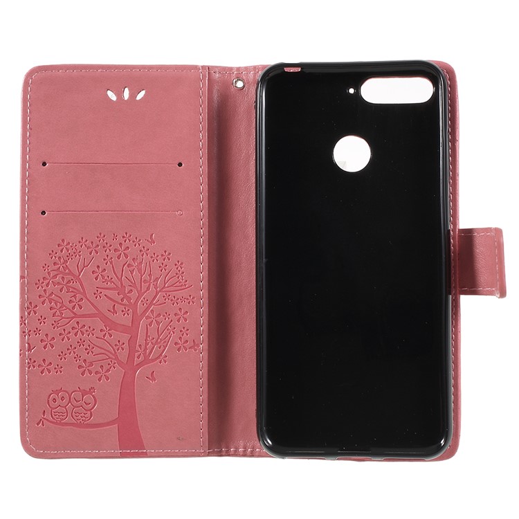 For Huawei Honor 7A (with Fingerprint Sensor)/Honor 7A Pro/Enjoy 8e Imprint Tree Owl Leather Wallet Folio Protection Cover - Pink-6