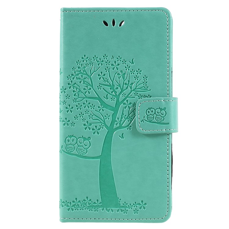 Imprint Tree Owl Leather Wallet Stand Flip Phone Casing for Huawei Honor 7A (with Fingerprint Sensor)/Honor 7A Pro/Enjoy 8e - Cyan-1