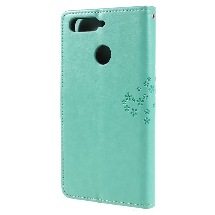 Imprint Tree Owl Leather Wallet Stand Flip Phone Casing for Huawei Honor 7A (with Fingerprint Sensor)/Honor 7A Pro/Enjoy 8e - Cyan-3