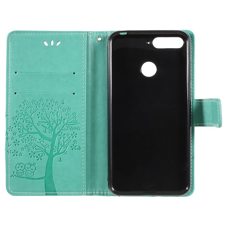 Imprint Tree Owl Leather Wallet Stand Flip Phone Casing for Huawei Honor 7A (with Fingerprint Sensor)/Honor 7A Pro/Enjoy 8e - Cyan-6