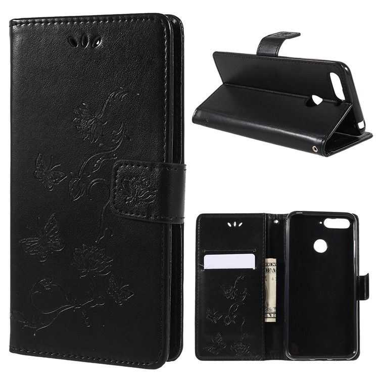 Imprint Butterfly Flowers Leather Wallet Case for Huawei Honor 7A (with Fingerprint Sensor)/Honor 7A Pro/Enjoy 8e - Black-1
