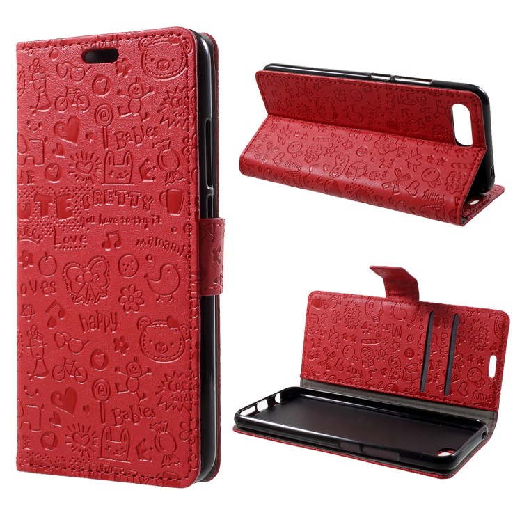 Cartoon Graffiti PU Leather Wallet Stand Case for Huawei Honor 10 - Red-1