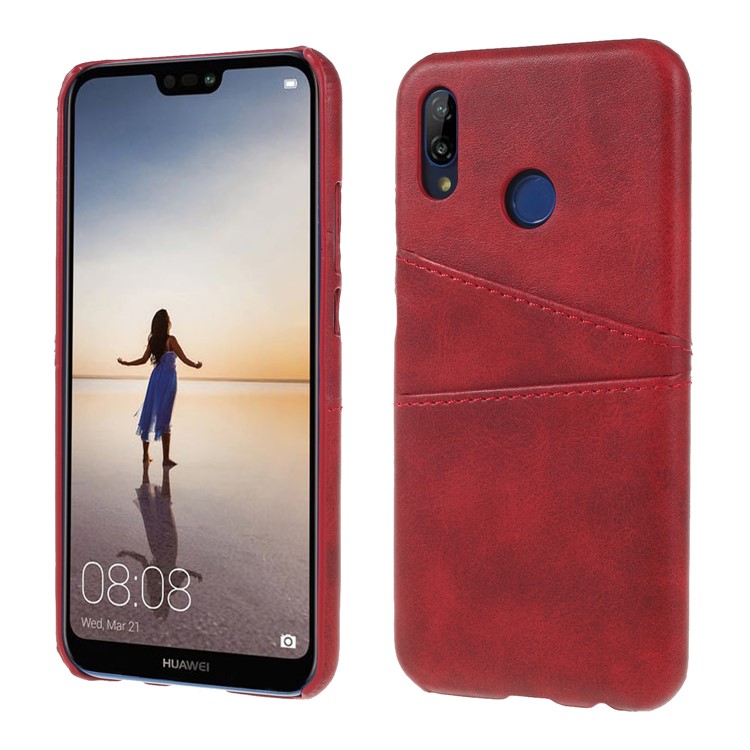 Double Card Slots PU Leather Coated PC Phone Case for Huawei P20 Lite / Nova 3e - Red-1