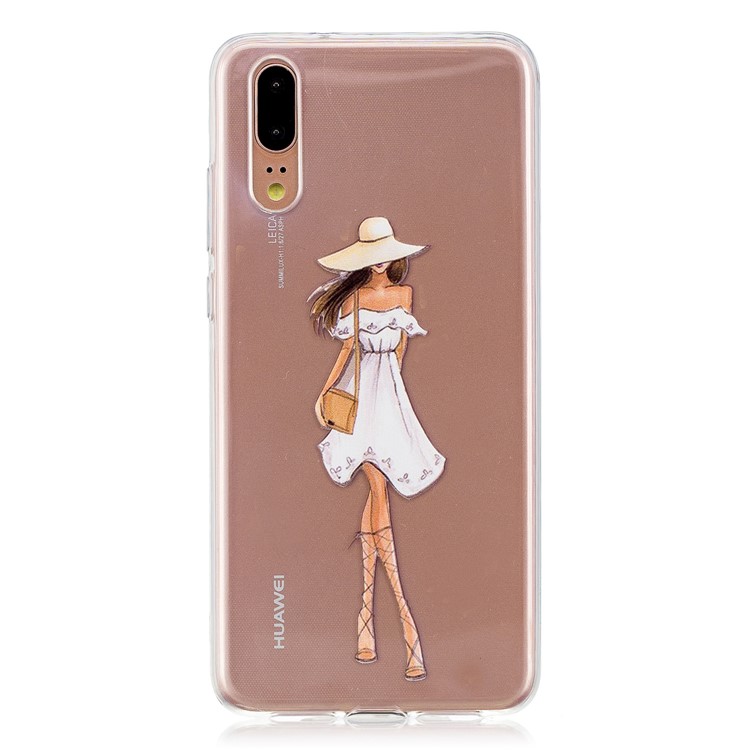 Druckmuster TPU-Mobiltelefonkasten Für Huawei P20 - Mädchen Mit Hut Und Kleid-1