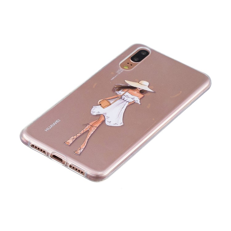 Druckmuster TPU-Mobiltelefonkasten Für Huawei P20 - Mädchen Mit Hut Und Kleid-2