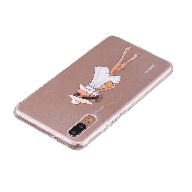 Druckmuster TPU-Mobiltelefonkasten Für Huawei P20 - Mädchen Mit Hut Und Kleid-3