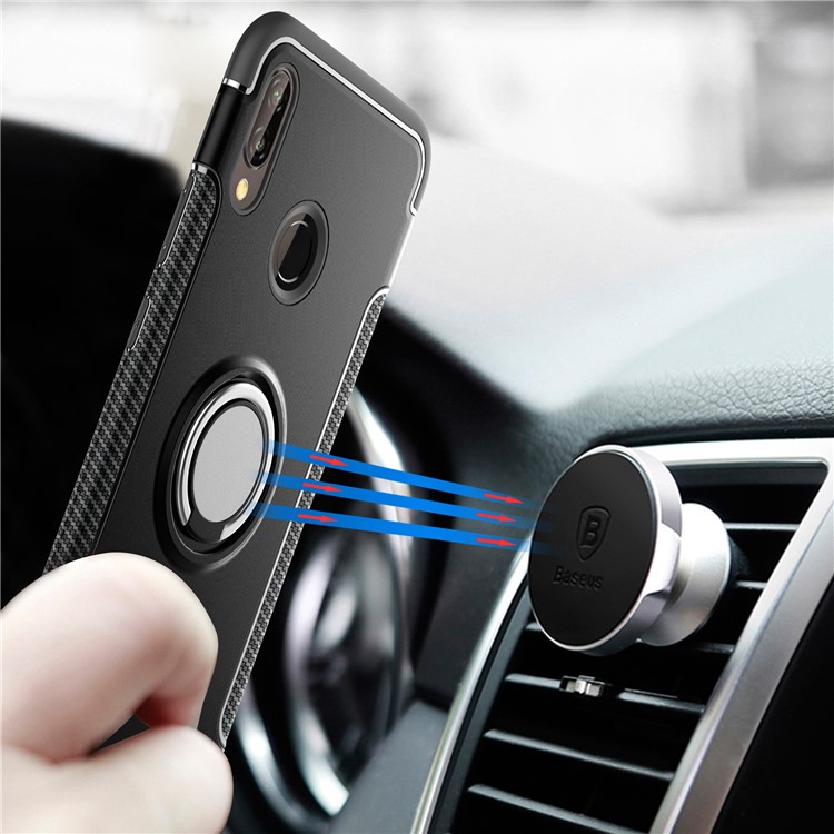 Finger Ring Kickstand Carbon Fiber Texture TPU + PC Hybrid Phone Case for Huawei P20 Lite / Nova 3e - Black-2