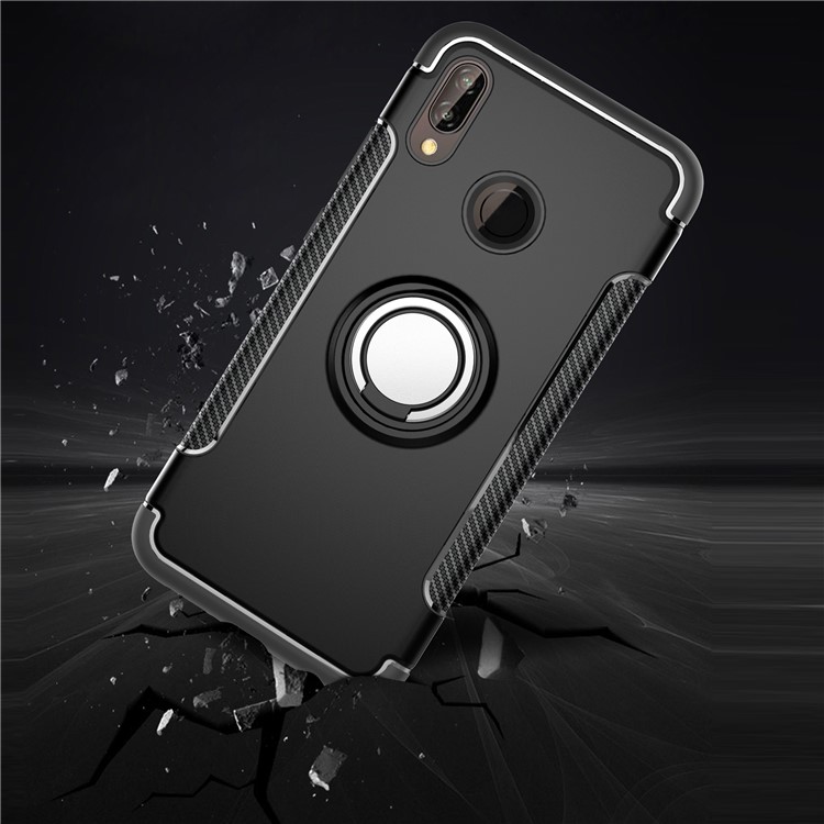 Finger Ring Kickstand Carbon Fiber Texture TPU + PC Hybrid Phone Case for Huawei P20 Lite / Nova 3e - Black-3