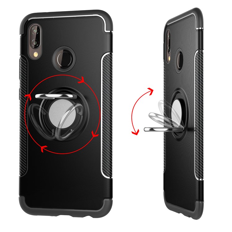 Finger Ring Kickstand Carbon Fiber Texture TPU + PC Hybrid Phone Case for Huawei P20 Lite / Nova 3e - Black-4