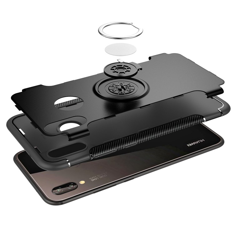 Finger Ring Kickstand Carbon Fiber Texture TPU + PC Hybrid Phone Case for Huawei P20 Lite / Nova 3e - Black-7