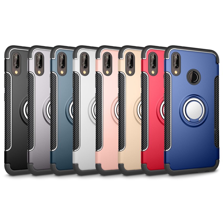 Finger Ring Kickstand Carbon Fiber Texture TPU + PC Hybrid Phone Case for Huawei P20 Lite / Nova 3e - Black-8