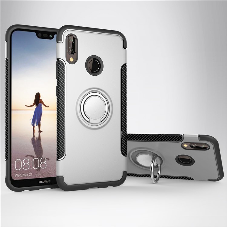 Finger Ring Kickstand Carbon Fiber Texture TPU + PC Hybrid Phone Cover for Huawei P20 Lite / Nova 3e - Silver-1