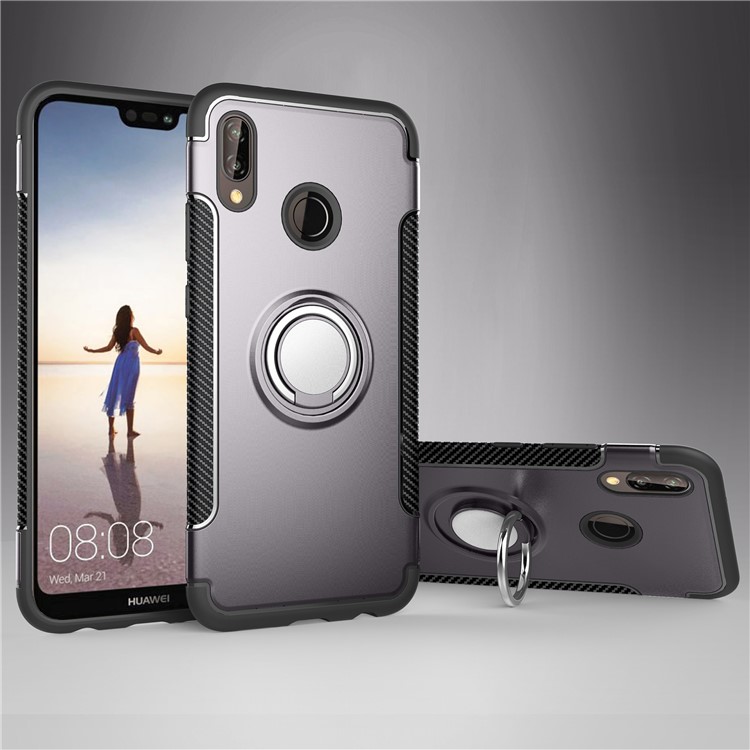 Finger Ring Kickstand Carbon Fiber Texture TPU + PC Hybrid Phone Shell for Huawei P20 Lite / Nova 3e - Grey-1