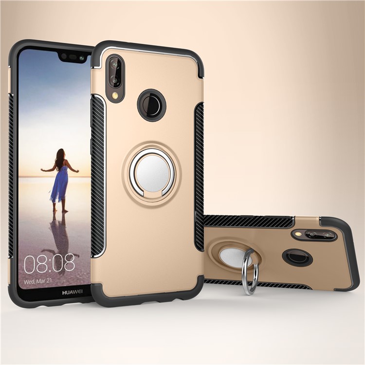 Carbon Fiber Texture TPU + PC Hybrid Back Shell with Finger Ring Kickstand for Huawei P20 Lite / Nova 3e - Gold-1