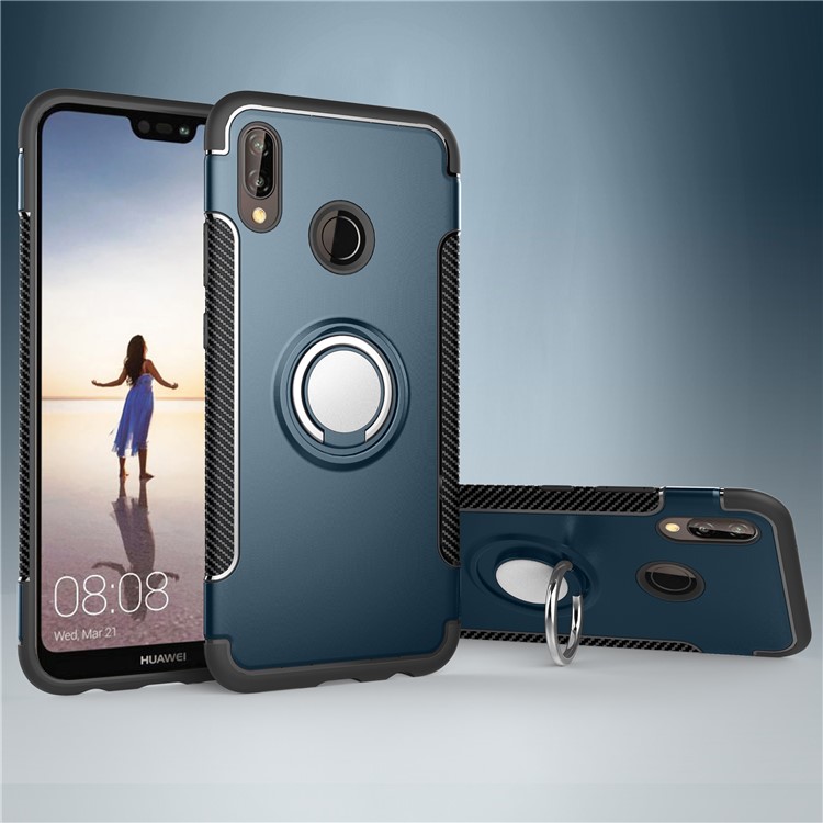 Fingerring Kickstand Kohlefaser Textur TPU + PC Hybrid Telefongehäuse Für Huawei P20 Lite / Nova 3e - Baby Blau