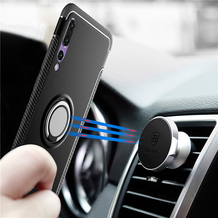 Carbon Fiber Texture TPU + PC Hybrid Case with Magnetic Finger Ring Kickstand for Huawei P20 Pro - Black-2