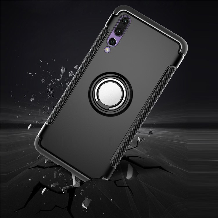Carbon Fiber Texture TPU + PC Hybrid Case with Magnetic Finger Ring Kickstand for Huawei P20 Pro - Black-3