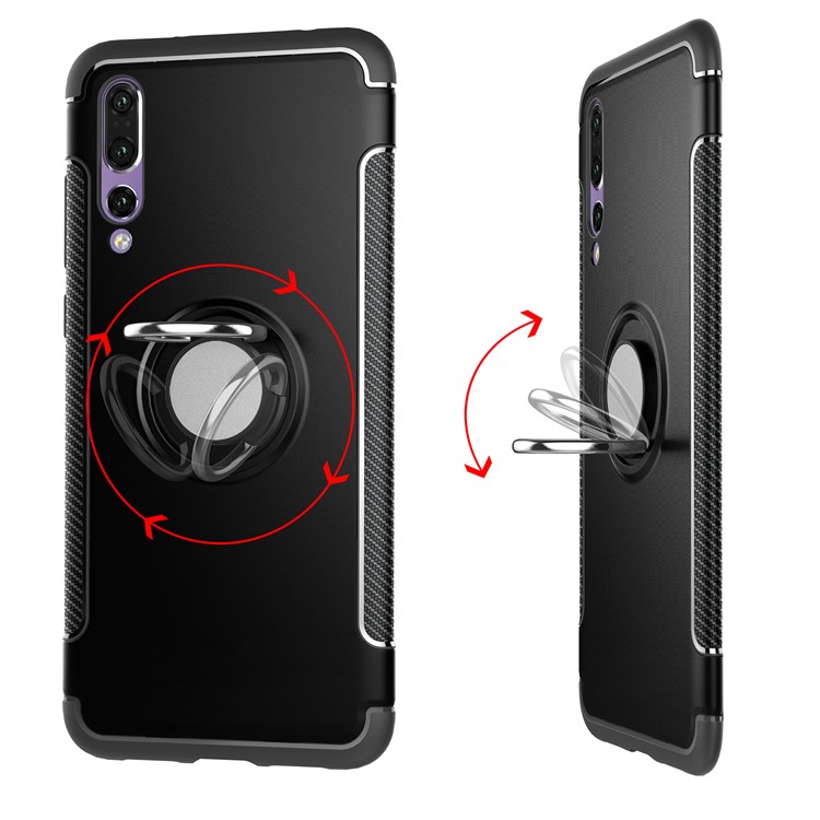 Carbon Fiber Texture TPU + PC Hybrid Case with Magnetic Finger Ring Kickstand for Huawei P20 Pro - Black-4
