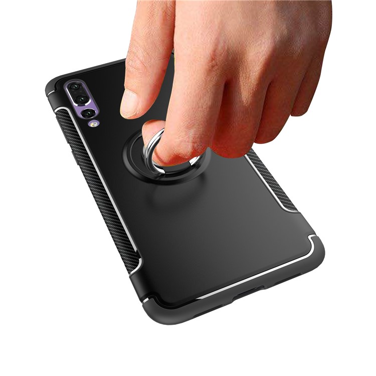 Carbon Fiber Texture TPU + PC Hybrid Case with Magnetic Finger Ring Kickstand for Huawei P20 Pro - Black-5
