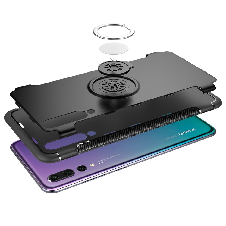 Carbon Fiber Texture TPU + PC Hybrid Case with Magnetic Finger Ring Kickstand for Huawei P20 Pro - Black-7
