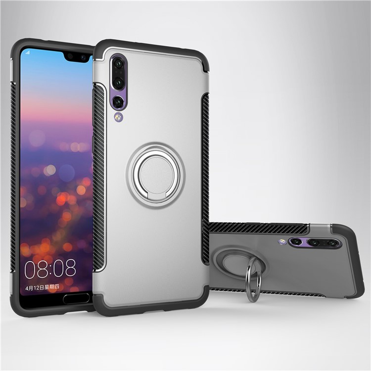 Carbon Fiber Texture TPU + PC Hybrid Cover with Magnetic Finger Ring Kickstand for Huawei P20 Pro - Silver-1