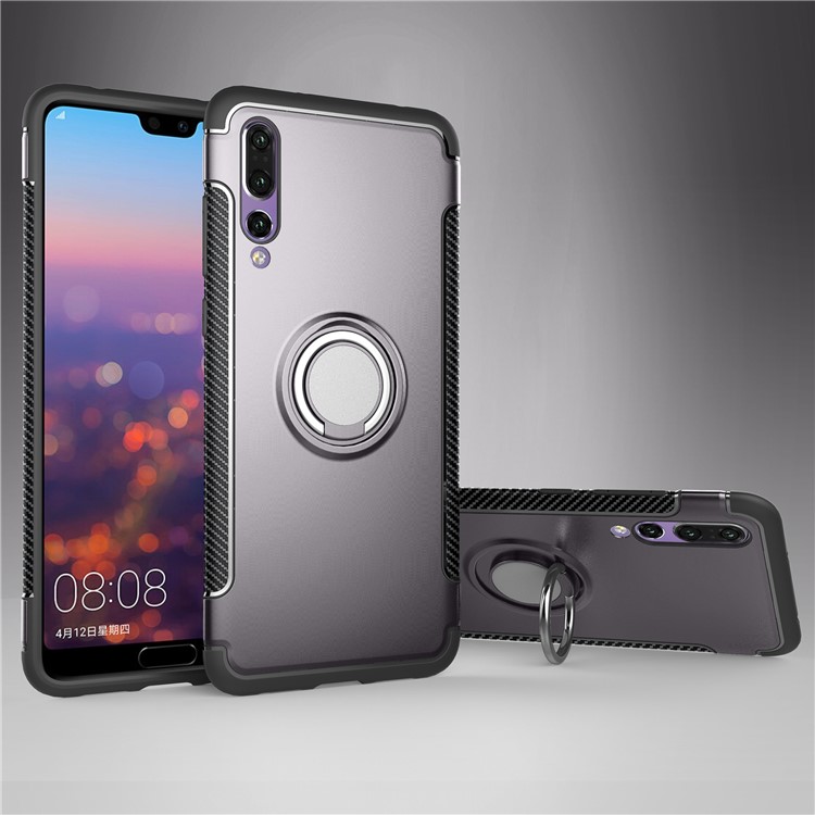 Carbon Fiber Texture TPU + PC Hybrid Shell with Magnetic Finger Ring Kickstand for Huawei P20 Pro - Grey-1