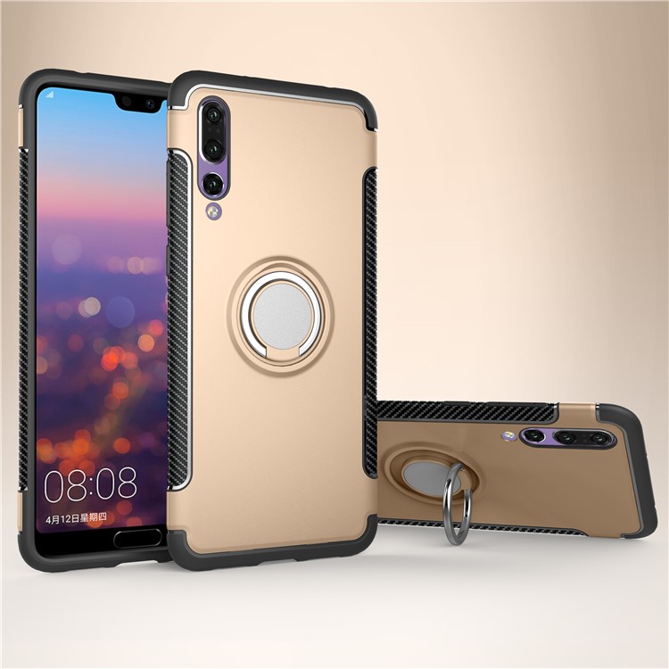 Magnetic Finger Ring Kickstand Carbon Fiber Texture TPU + PC Hybrid Phone Shell for Huawei P20 Pro - Gold-1