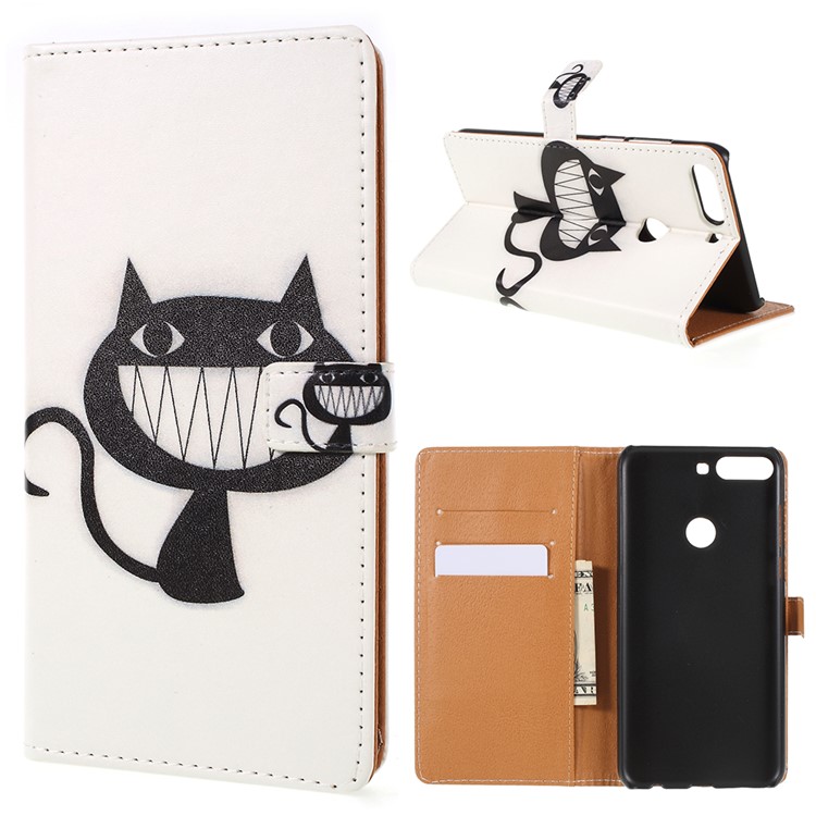 Pattern Printing Wallet Leather Cell Phone Accessory Cover for Huawei Enjoy 8/Honor 7C/Y7 Prime (2018) - Black Cat-1