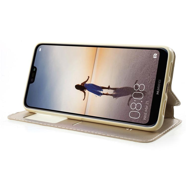 ROAR KOREA Janela De Exibição De Couro Nobre Flip Stand Shell Para Huawei P20 - Ouro-4