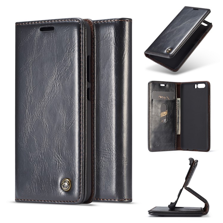 CASEME Oil Wax Crazy Horse Wallet Leather Stand Case for Huawei P10 - Black-1