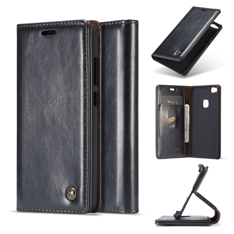 CASEME Oil Wax Crazy Horse Wallet Leather Stand Case for Huawei P10 Lite - Black-1