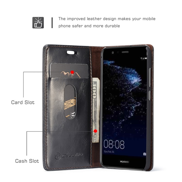CASEME Oil Wax Crazy Horse Wallet Leather Stand Case for Huawei P10 Lite - Black-2
