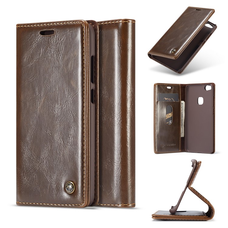CASEME Oil Wax Crazy Horse Leather Wallet Case for Huawei P10 Lite - Coffee-1