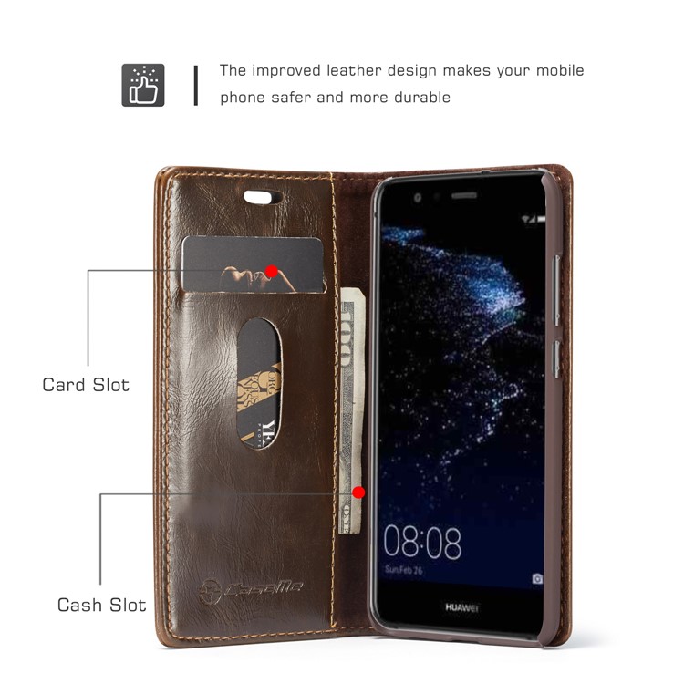 CASEME Oil Wax Crazy Horse Leather Wallet Case for Huawei P10 Lite - Coffee-2