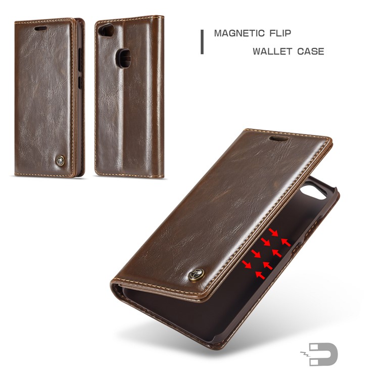 CASEME Oil Wax Crazy Horse Leather Wallet Case for Huawei P10 Lite - Coffee-4