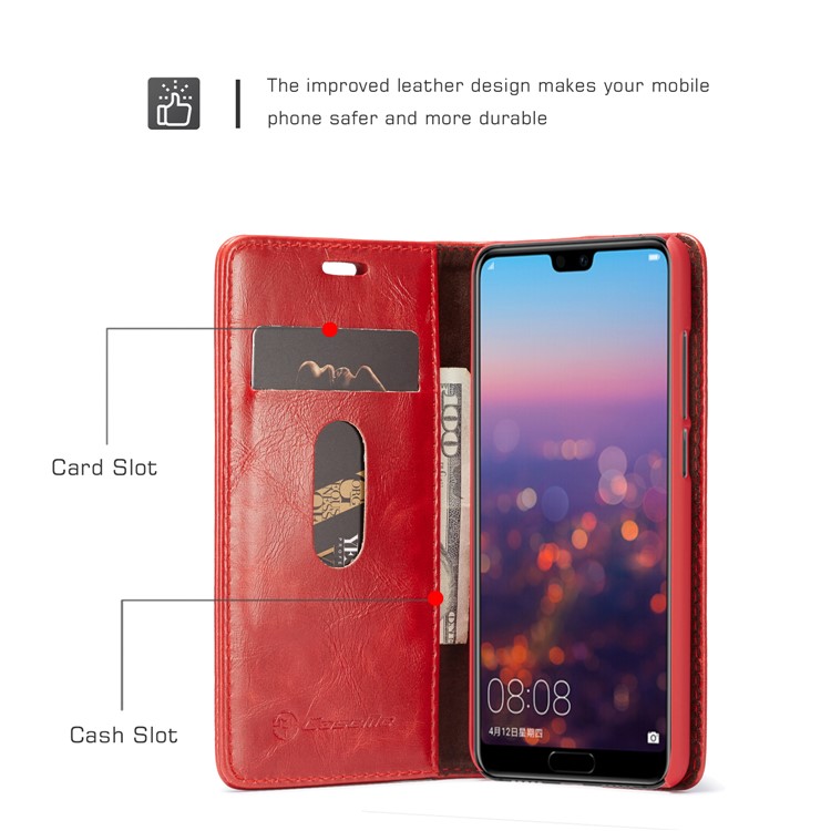 CASEME Oil Wax Crazy Horse Wallet Leather Stand Cover for Huawei P20 - Red-2