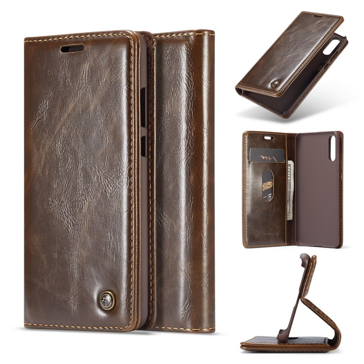CASEME Oil Wax Crazy Horse Leather Card Holder Case for Huawei P20 - Coffee-1