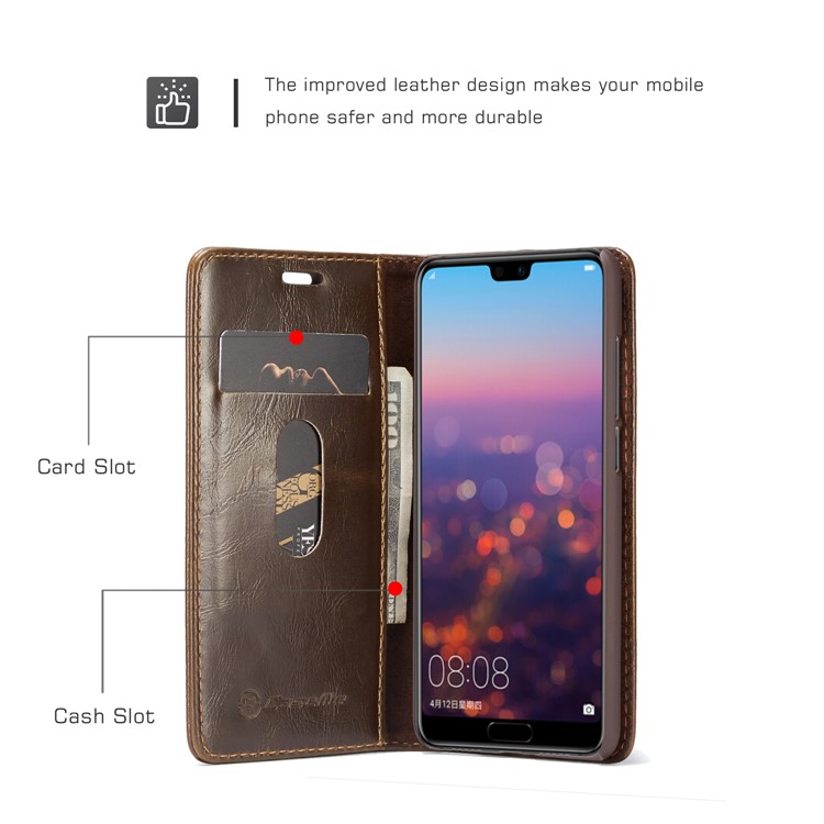 CASEME Oil Wax Crazy Horse Leather Card Holder Case for Huawei P20 - Coffee-2