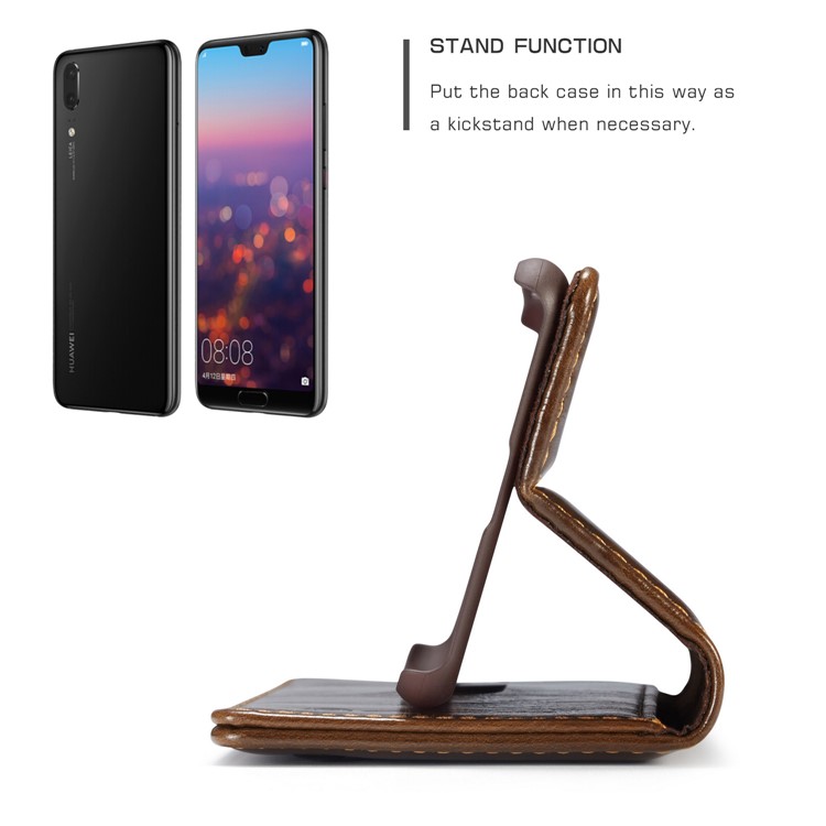 CASEME Oil Wax Crazy Horse Leather Card Holder Case for Huawei P20 - Coffee-3