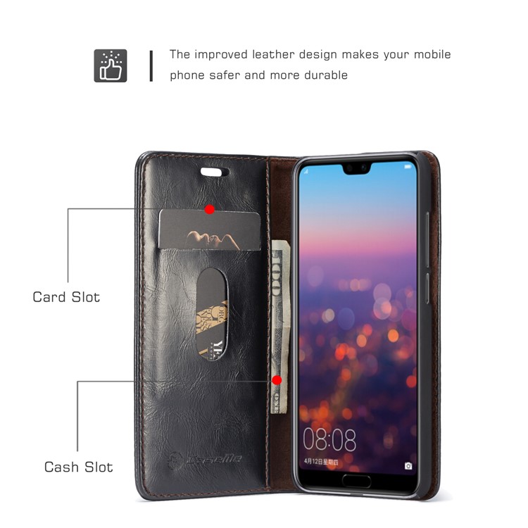 CASEME Oil Wax Crazy Horse Wallet Leather Stand Case for Huawei P20 Pro - Black-2