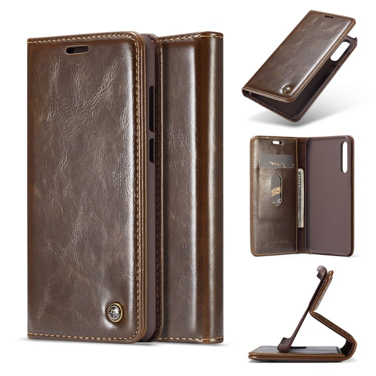 CASEME Oil Wax Crazy Horse Leather Wallet Case for Huawei P20 Pro - Coffee-1