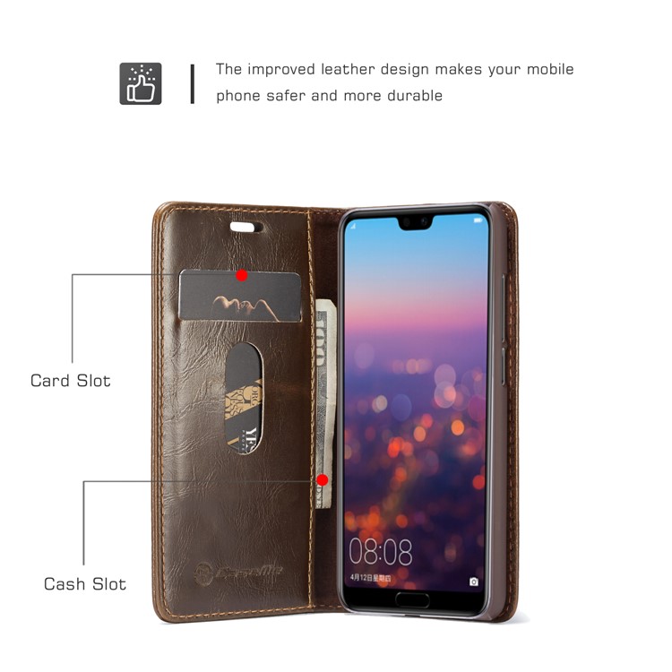 CASEME Oil Wax Crazy Horse Leather Wallet Case for Huawei P20 Pro - Coffee-2