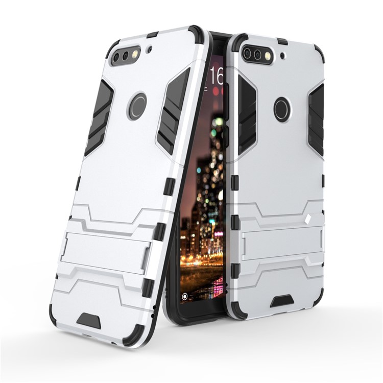 Plastic + TPU Hybrid Shell Case with Kickstand for Huawei Enjoy 8/Honor 7C /Y7 Prime (2018) - Silver-1