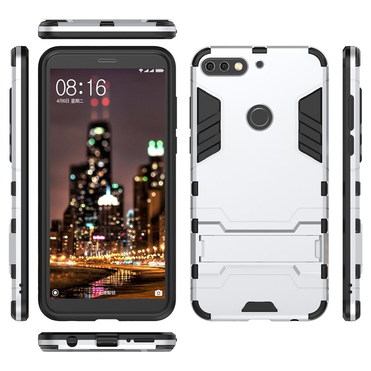 Plastic + TPU Hybrid Shell Case with Kickstand for Huawei Enjoy 8/Honor 7C /Y7 Prime (2018) - Silver-4
