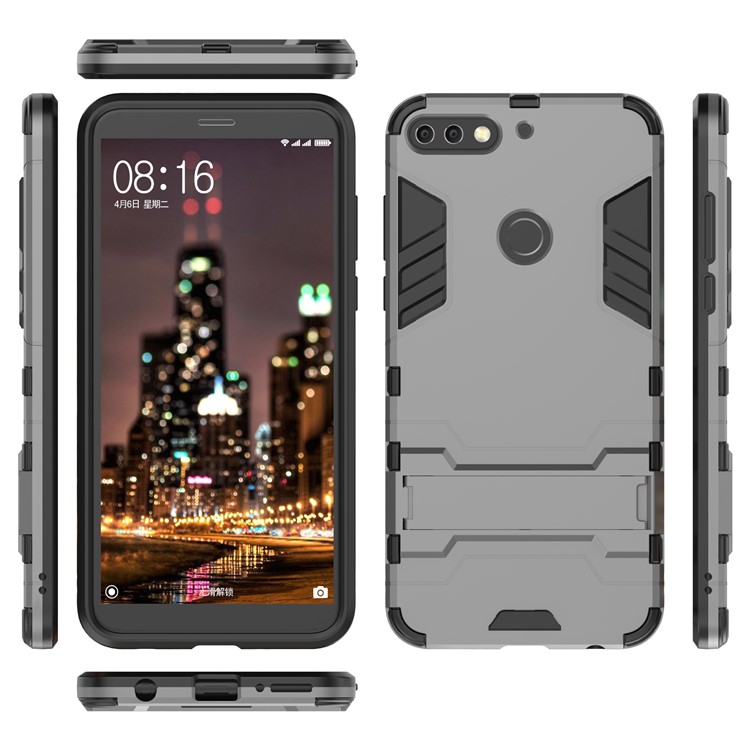 Plastic + TPU Hybrid Phone Case with Kickstand for Huawei Enjoy 8/Honor 7C /Y7 Prime (2018) - Grey-4