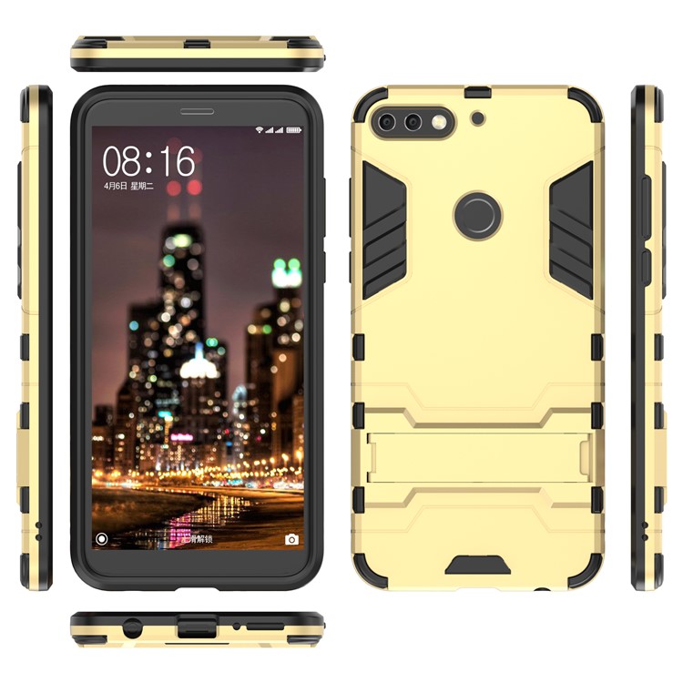 Plastic + TPU Hybrid Shell Case with Kickstand for Huawei Enjoy 8/Honor 7C /Y7 Prime (2018) - Gold-4